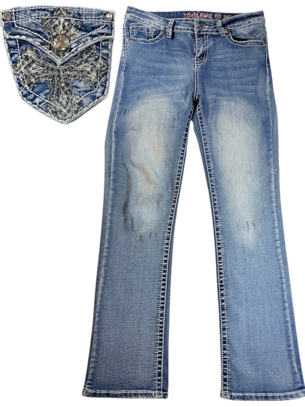 Rebel & Soul Bootcut Jeans Blue Embellished Cross Pockets Bling Y2K Cowgirl‎ 12